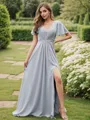 A-Line/Princess Chiffon Ruffles V-neck Short Sleeves Floor-Length Bridesmaid Dresses