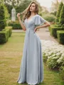 A-Line/Princess Chiffon Ruffles V-neck Short Sleeves Floor-Length Bridesmaid Dresses