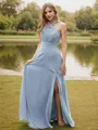 A-Line/Princess Chiffon Ruched Halter Sleeveless Sweep Train Bridesmaid Dresses