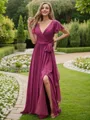 A-Line/Princess Chiffon Ruffles V-neck Short Sleeves Floor-Length Bridesmaid Dresses