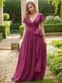 A-Line/Princess Chiffon Ruffles V-neck Short Sleeves Floor-Length Bridesmaid Dresses