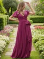 A-Line/Princess Chiffon Ruffles V-neck Short Sleeves Floor-Length Bridesmaid Dresses