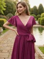 A-Line/Princess Chiffon Ruffles V-neck Short Sleeves Floor-Length Bridesmaid Dresses