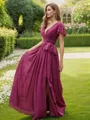 A-Line/Princess Chiffon Ruffles V-neck Short Sleeves Floor-Length Bridesmaid Dresses