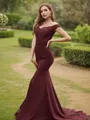 Sheath/Column Stretch Crepe Applique Off-the-Shoulder Sleeveless Sweep Train Bridesmaid Dresses