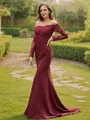 Sheath/Column Stretch Crepe Applique Off-the-Shoulder Long Sleeves Sweep Train Bridesmaid Dresses
