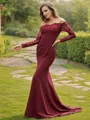 Sheath/Column Stretch Crepe Applique Off-the-Shoulder Long Sleeves Sweep Train Bridesmaid Dresses