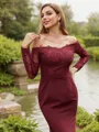 Sheath/Column Stretch Crepe Applique Off-the-Shoulder Long Sleeves Sweep Train Bridesmaid Dresses