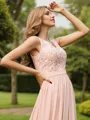 A-Line/Princess Chiffon Lace V-neck Sleeveless Floor-Length Bridesmaid Dresses