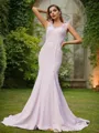 Trumpet/Mermaid Stretch Crepe Ruched V-neck Sleeveless Sweep Train Bridesmaid Dresses