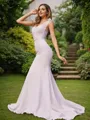 Trumpet/Mermaid Stretch Crepe Ruched V-neck Sleeveless Sweep Train Bridesmaid Dresses