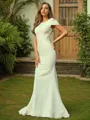Sheath/Column Stretch Crepe Ruched Scoop Short Sleeves Sweep Train Bridesmaid Dresses