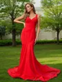 Sheath/Column Stretch Crepe Ruffles V-neck Sleeveless Sweep Train Bridesmaid Dresses