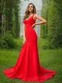 Sheath/Column Stretch Crepe Ruffles V-neck Sleeveless Sweep Train Bridesmaid Dresses
