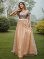 A-Line/Princess Tulle Sequin Off-the-Shoulder Sleeveless Floor-Length Bridesmaid Dresses