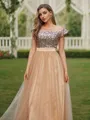 A-Line/Princess Tulle Sequin Off-the-Shoulder Sleeveless Floor-Length Bridesmaid Dresses