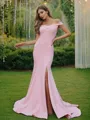 Sheath/Column Stretch Crepe Ruched Off-the-Shoulder Sleeveless Sweep Train Bridesmaid Dresses