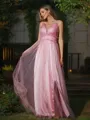 A-Line/Princess Tulle Ruffles V-neck Sleeveless Sweep Train Bridesmaid Dresses