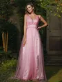 A-Line/Princess Tulle Ruffles V-neck Sleeveless Sweep Train Bridesmaid Dresses