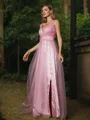 A-Line/Princess Tulle Ruffles V-neck Sleeveless Sweep Train Bridesmaid Dresses