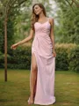 A-Line/Princess Stretch Crepe Ruched V-neck Sleeveless Sweep Train Bridesmaid Dresses