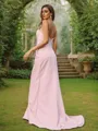 A-Line/Princess Stretch Crepe Ruched V-neck Sleeveless Sweep Train Bridesmaid Dresses