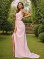 A-Line/Princess Stretch Crepe Ruched V-neck Sleeveless Sweep Train Bridesmaid Dresses