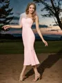 Sheath/Column Stretch Crepe Ruched One-Shoulder Sleeveless Tea-Length Bridesmaid Dresses
