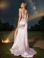 Sheath/Column Silk like Satin Ruched Sweetheart Sleeveless Sweep Train Bridesmaid Dresses