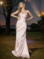 Sheath/Column Silk like Satin Ruched Sweetheart Sleeveless Sweep Train Bridesmaid Dresses