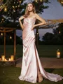 Sheath/Column Silk like Satin Ruched Sweetheart Sleeveless Sweep Train Bridesmaid Dresses