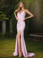 Sheath/Column Stretch Crepe Ruched V-neck Sleeveless Sweep Train Bridesmaid Dresses