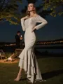 Trumpet/Mermaid Stretch Crepe Lace Off-the-Shoulder Long Sleeves Asymmetrical Bridesmaid Dresses