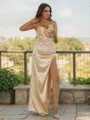 Sheath/Column Silk Like Satin Ruched V-neck Sleeveless Floor-Length Bridesmaid Dresses