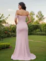 Sheath/Column Stretch Crepe Ruched Off-the-Shoulder Sleeveless Sweep Train Bridesmaid Dresses