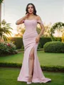 Sheath/Column Stretch Crepe Ruched Off-the-Shoulder Sleeveless Sweep Train Bridesmaid Dresses