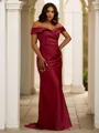 Sheath/Column Satin Ruched Off-the-Shoulder Sleeveless Sweep Train Bridesmaid Dresses