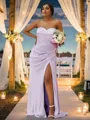 Sheath/Column Silk like Satin Ruched Sweetheart Sleeveless Sweep Train Bridesmaid Dresses