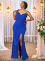 Sheath/Column Jersey Ruched Spaghetti Straps Sleeveless Sweep Train Bridesmaid Dresses