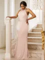 Sheath/Column Silk like Satin Ruched Halter Sleeveless Floor-Length Bridesmaid Dresses
