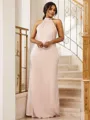 Sheath/Column Silk like Satin Ruched Halter Sleeveless Floor-Length Bridesmaid Dresses