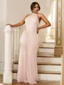 Sheath/Column Silk like Satin Ruched Halter Sleeveless Floor-Length Bridesmaid Dresses