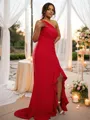 Sheath/Column Stretch Crepe Ruched One-Shoulder Sleeveless Sweep Train Bridesmaid Dresses