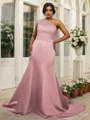 Sheath/Column Satin Lace One-Shoulder Sleeveless Sweep Train Bridesmaid Dresses