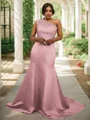 Sheath/Column Satin Lace One-Shoulder Sleeveless Sweep Train Bridesmaid Dresses