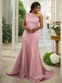 Sheath/Column Satin Lace One-Shoulder Sleeveless Sweep Train Bridesmaid Dresses