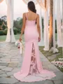 Sheath/Column Stretch Crepe Lace Spaghetti Straps Sleeveless Sweep Train Bridesmaid Dresses