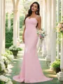 Sheath/Column Stretch Crepe Lace Spaghetti Straps Sleeveless Sweep Train Bridesmaid Dresses