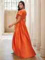 A-Line/Princess Silk like Satin Ruched V-neck Short Sleeves Floor-Length Bridesmaid Dresses