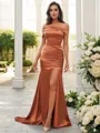 Sheath/Column Silk like Satin Ruched Off-the-Shoulder Sleeveless Sweep Train Bridesmaid Dresses